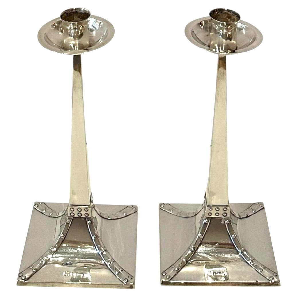 Pair of English Arts and Crafts, Hallmarked Sterling Silver Candlesticks-Circa 1905