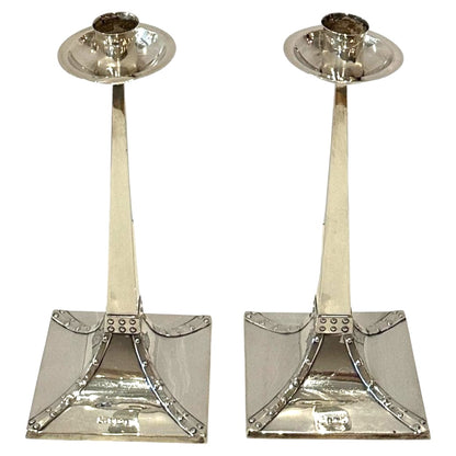 Pair of English Arts and Crafts, Hallmarked Sterling Silver Candlesticks-Circa 1905