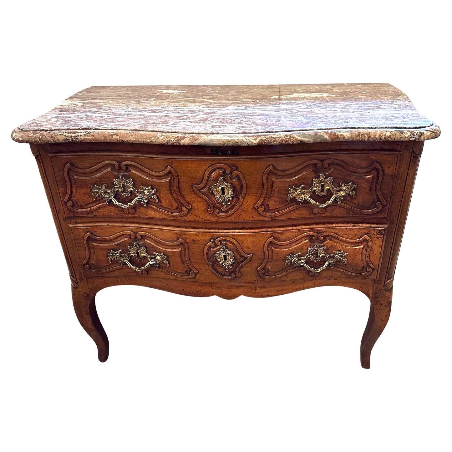 French Walnut Marble Top 2 Drawer Commode