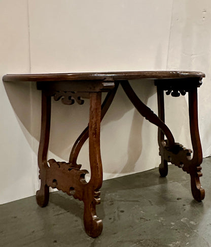Pair of Late 1700's Walnut Trestle Leg Demi-lune Console Tables