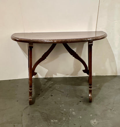 Pair of Late 1700's Walnut Trestle Leg Demi-lune Console Tables