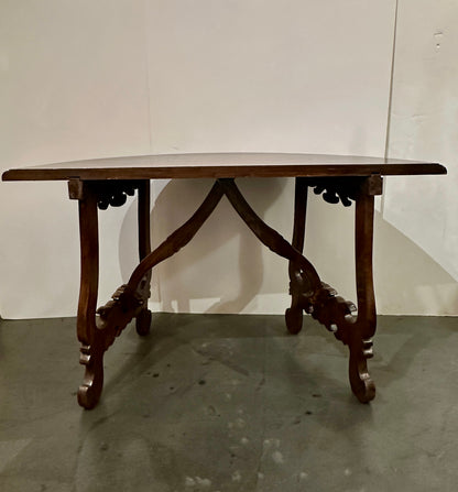 Pair of Late 1700's Walnut Trestle Leg Demi-lune Console Tables