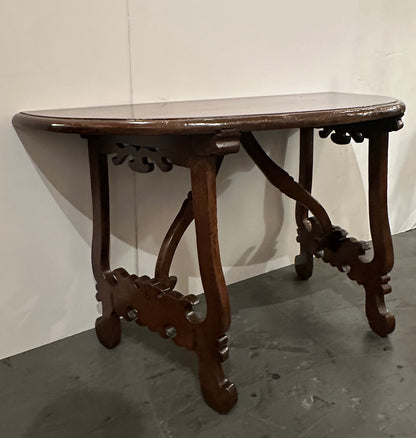 Pair of Late 1700's Walnut Trestle Leg Demi-lune Console Tables