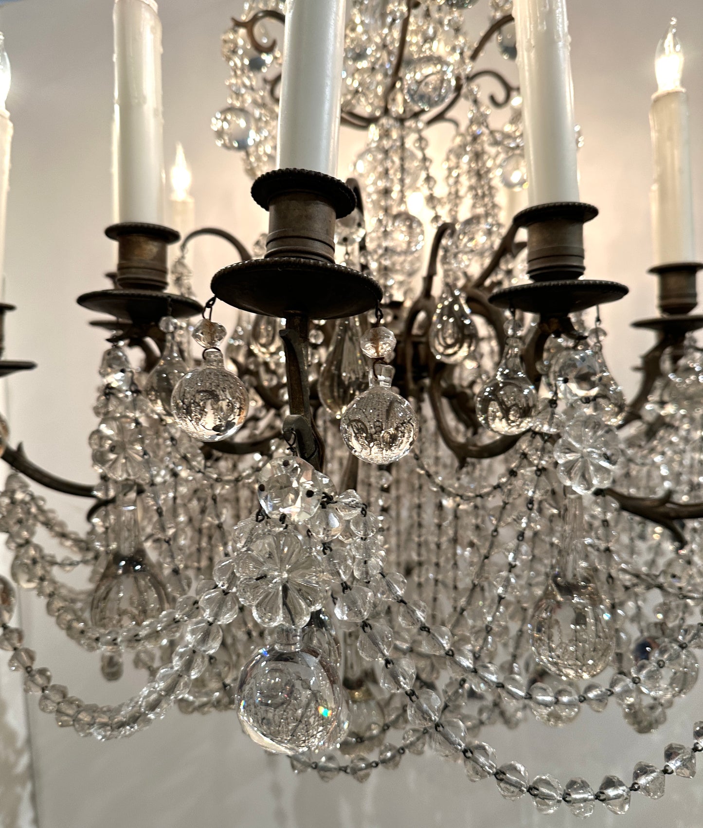 Italian Crystal Beaded Chandelier, Bronze with Traces of Gilding — 12 Lights, 1920s