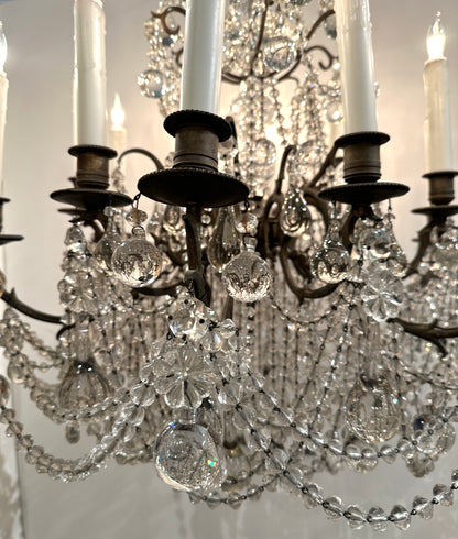 Italian Crystal Beaded Chandelier, Bronze with Traces of Gilding — 12 Lights, 1920s