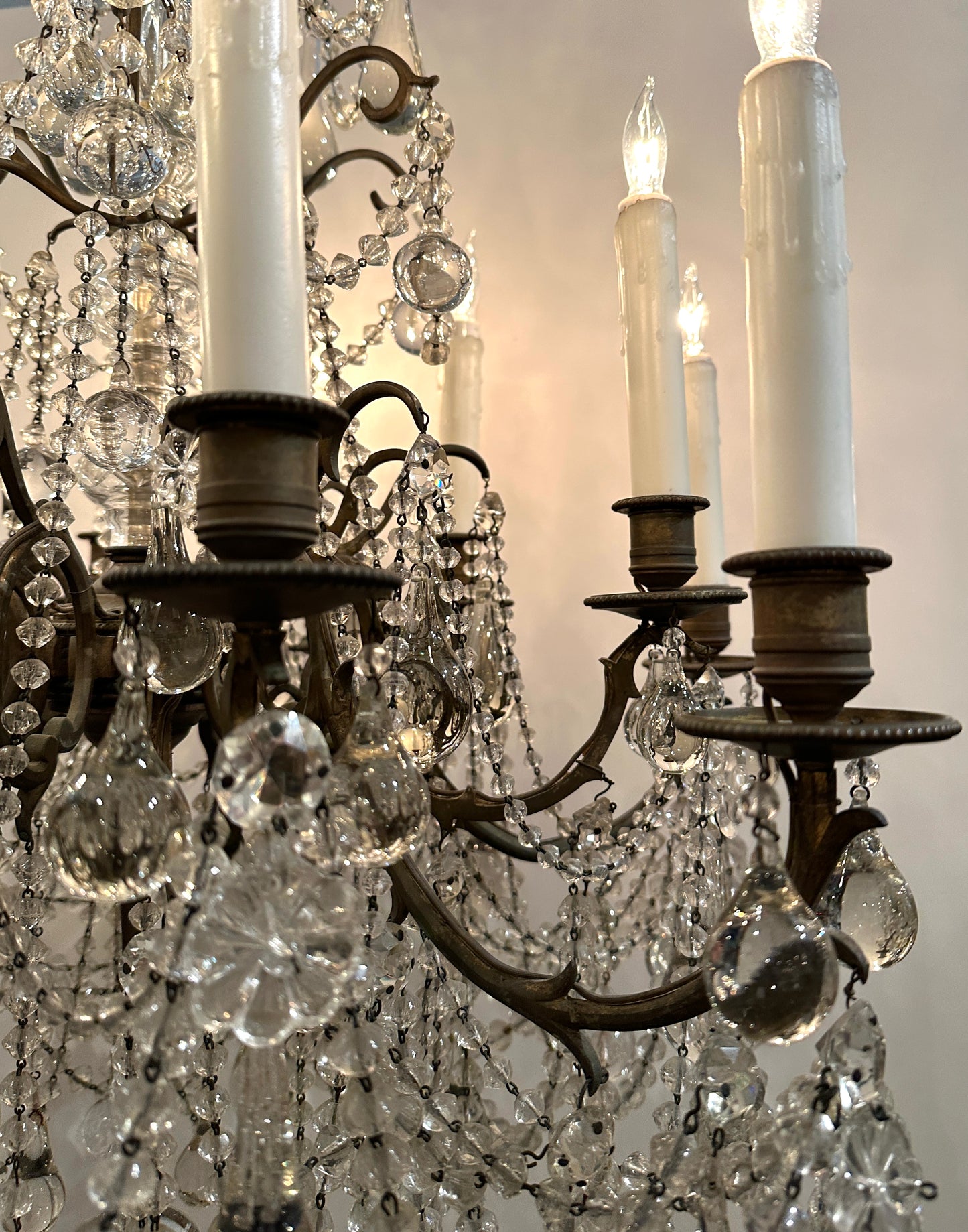 Italian Crystal Beaded Chandelier, Bronze with Traces of Gilding — 12 Lights, 1920s