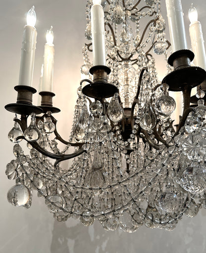 Italian Crystal Beaded Chandelier, Bronze with Traces of Gilding — 12 Lights, 1920s