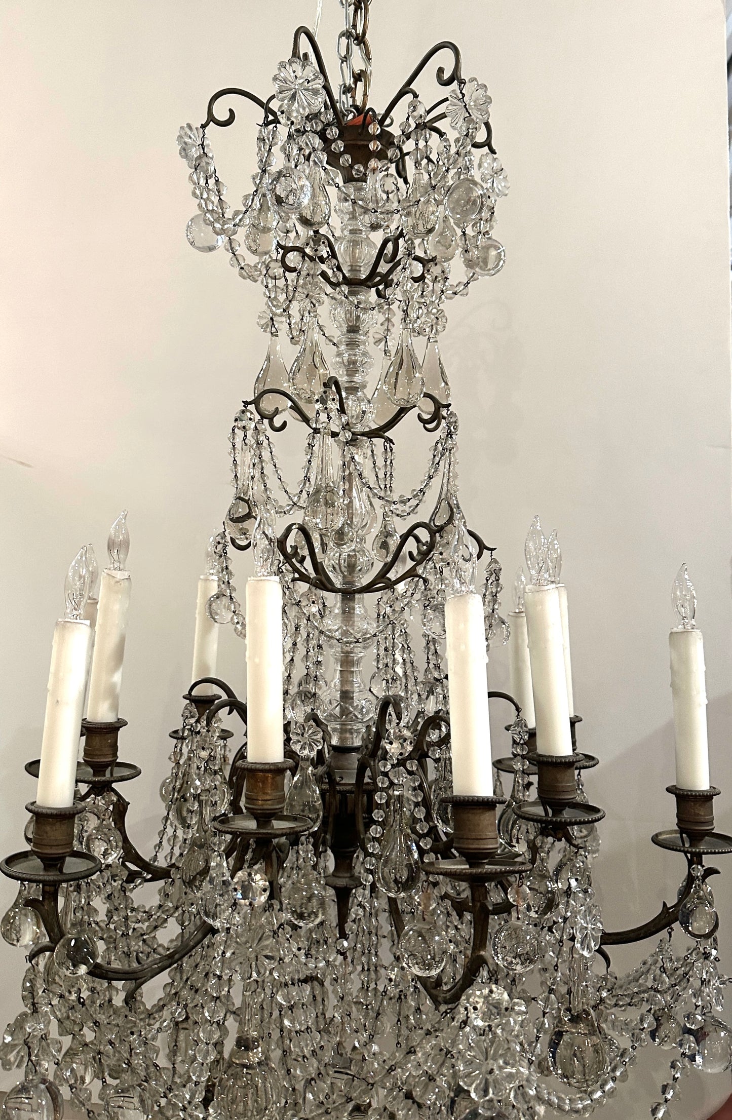 Italian Crystal Beaded Chandelier, Bronze with Traces of Gilding — 12 Lights, 1920s
