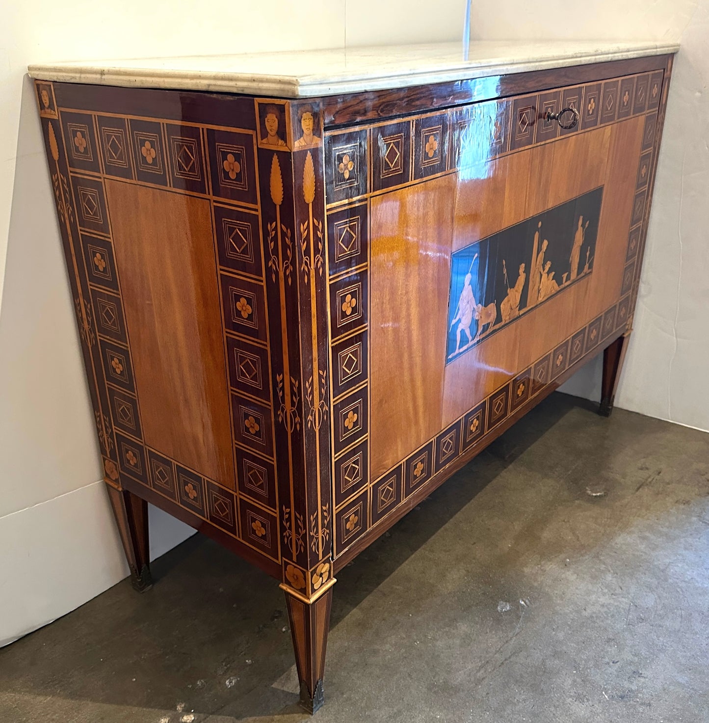 Italian Neoclassical Marquetry Storage Commode with Carrara Marble Top — Circa 1940's