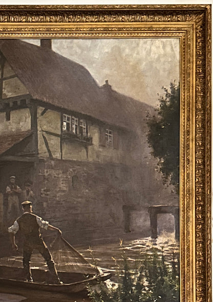 "Fishing In A Castle Moat" Large Oil on Canvas by Carl Rochling