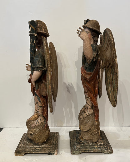 Pair of Hand-Carved and Polychromed Angel Sculptures. Circa 1785.