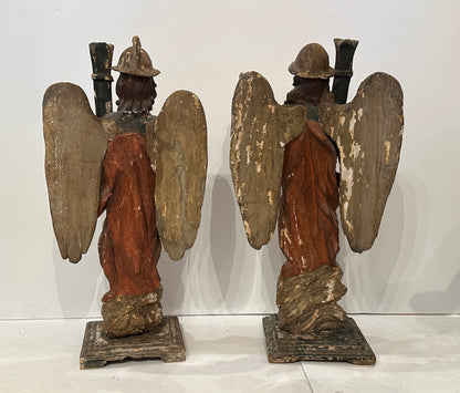 Pair of Hand-Carved and Polychromed Angel Sculptures. Circa 1785.