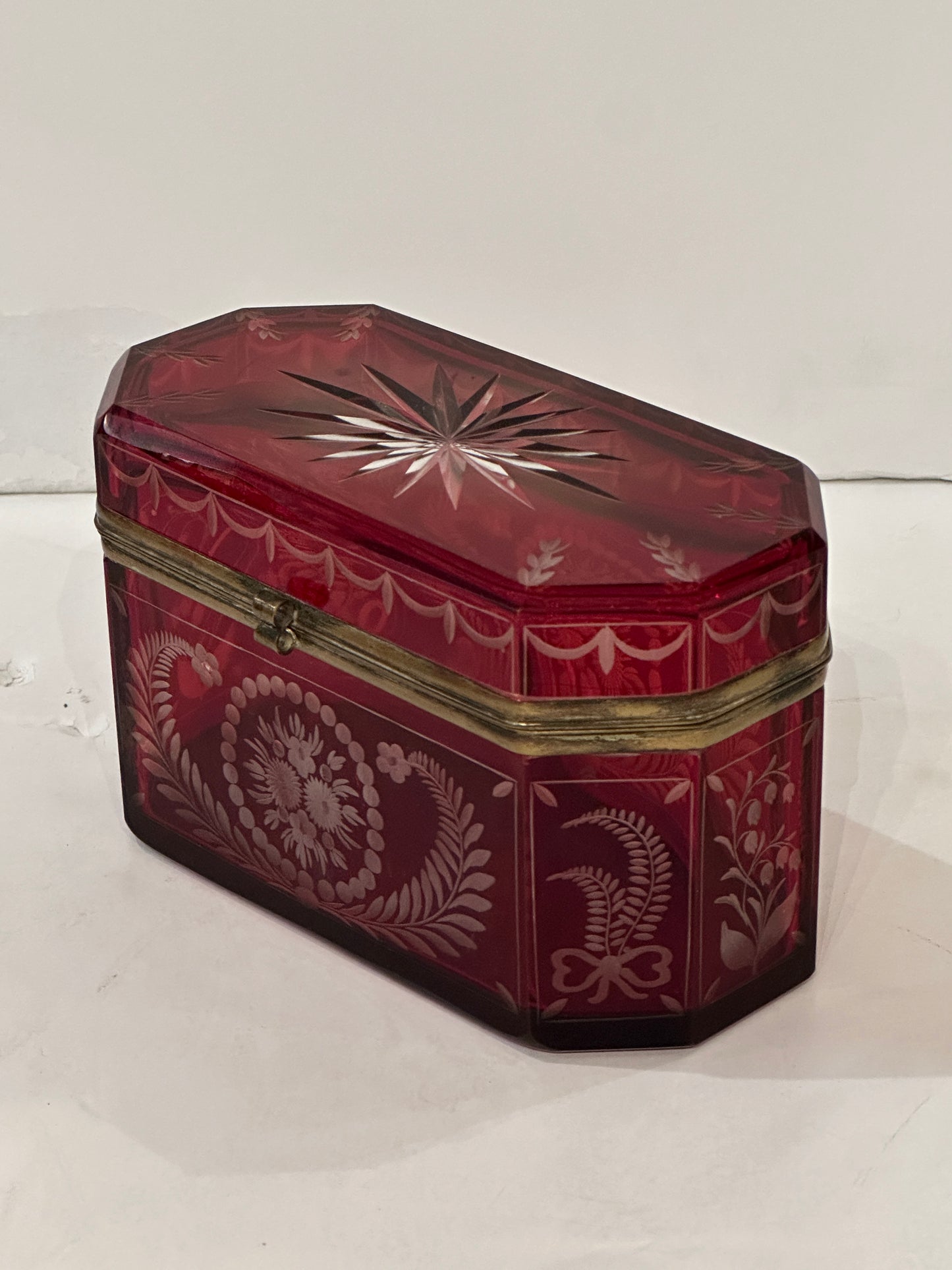 19th Century Cut and Etched Cranberry Glass Box