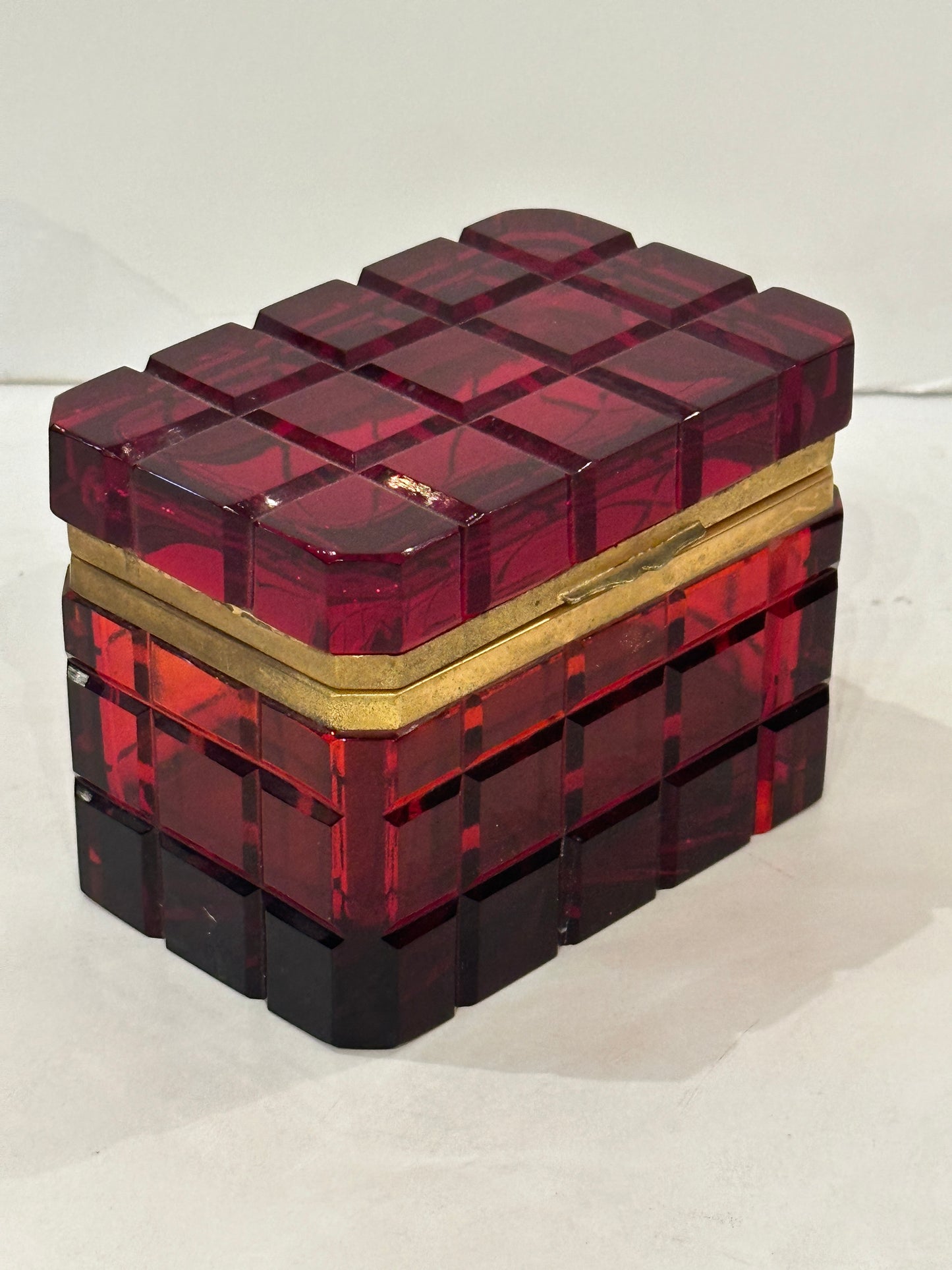 Continental Cranberry Cut Glass Hinged Box with Gilded Bronze Mounts.  19th Century.