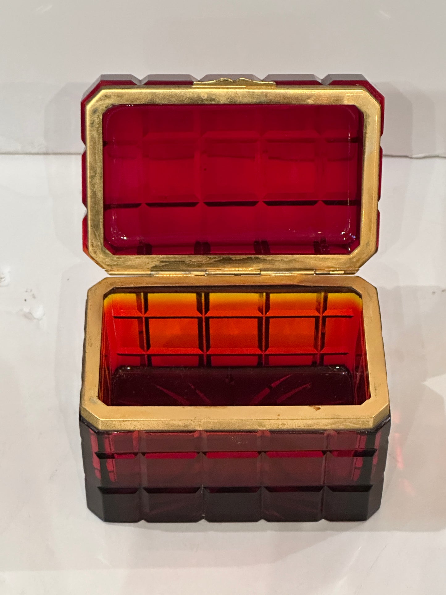 Continental Cranberry Cut Glass Hinged Box with Gilded Bronze Mounts.  19th Century.