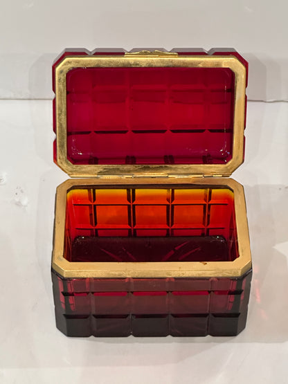 Continental Cranberry Cut Glass Hinged Box with Gilded Bronze Mounts.  19th Century.