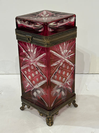 Continental Cranberry Cut Glass Hinged Box with Gilded Bronze Mounts.  Circa 1900.