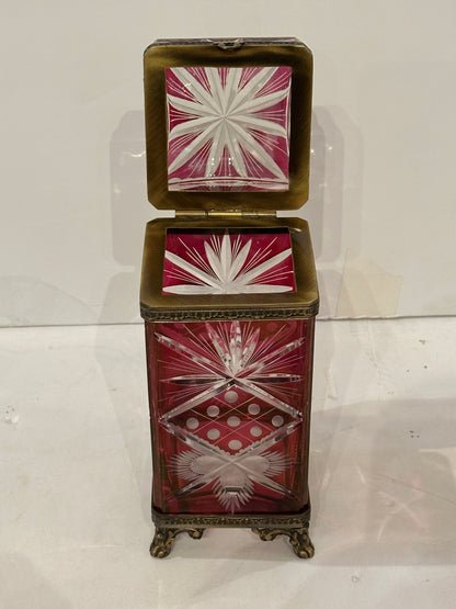 Continental Cranberry Cut Glass Hinged Box with Gilded Bronze Mounts.  Circa 1900.