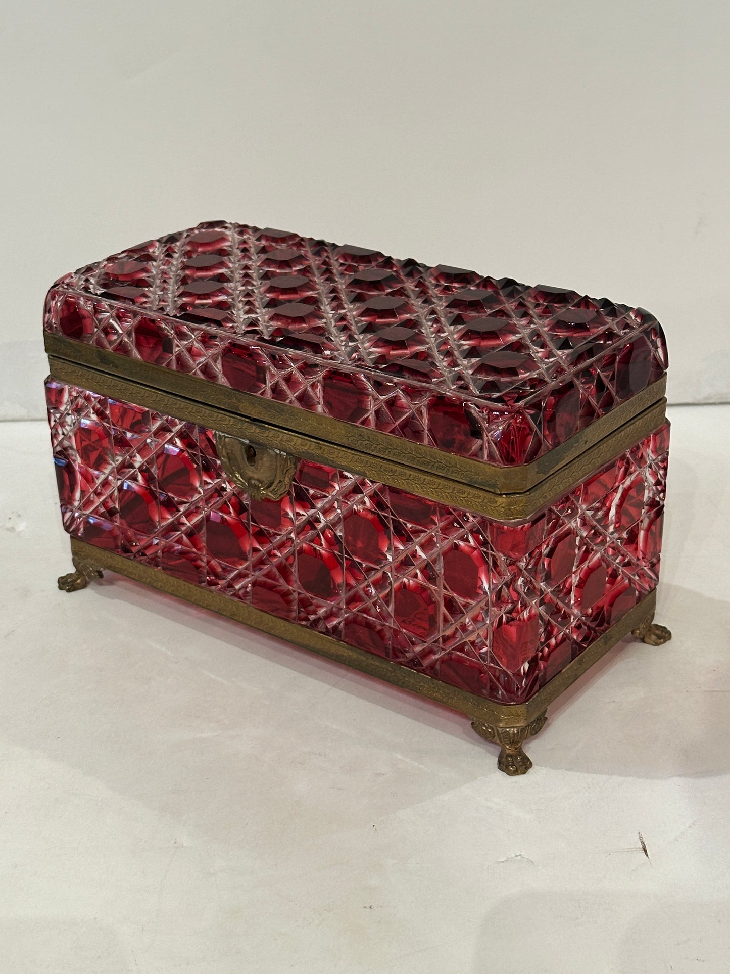 English, George VI Cut Glass Hinged Box with Incised Gilt Bronze Mounts