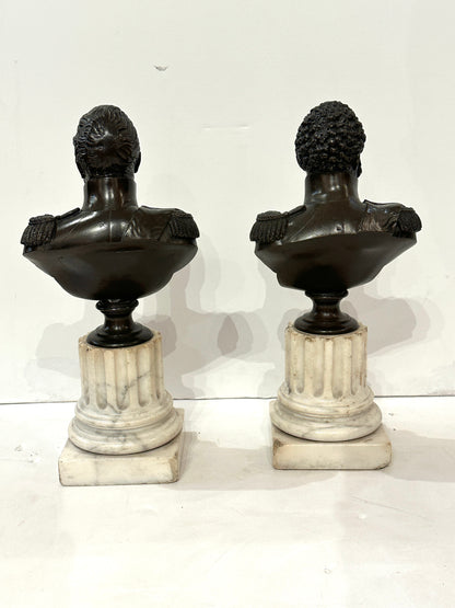 Pair of French, 19th Century Bronze Busts of Generals on Marble Bases