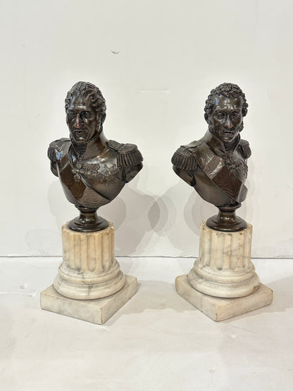 Pair of French, 19th Century Bronze Busts of Generals on Marble Bases