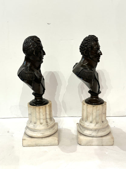 Pair of French, 19th Century Bronze Busts of Generals on Marble Bases