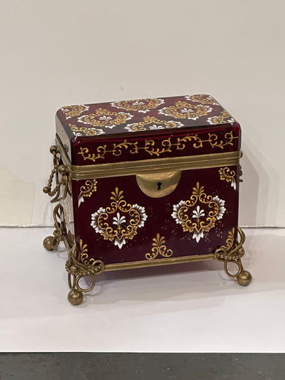 Continental Cranberry Glass Box with Enamel Decoration and Gilded Bronze Mounts.  Late 19th Century