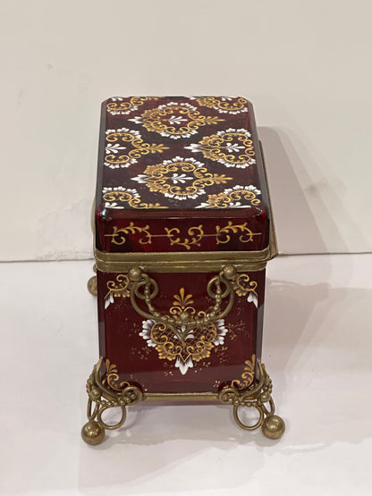 Continental Cranberry Glass Box with Enamel Decoration and Gilded Bronze Mounts.  Late 19th Century