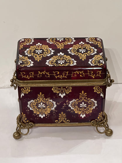 Continental Cranberry Glass Box with Enamel Decoration and Gilded Bronze Mounts.  Late 19th Century