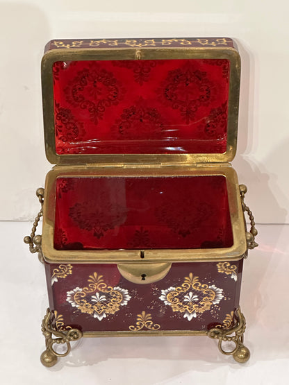 Continental Cranberry Glass Box with Enamel Decoration and Gilded Bronze Mounts.  Late 19th Century