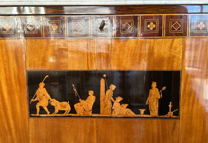 Italian Neoclassical Marquetry Storage Commode with Carrara Marble Top — Circa 1940's