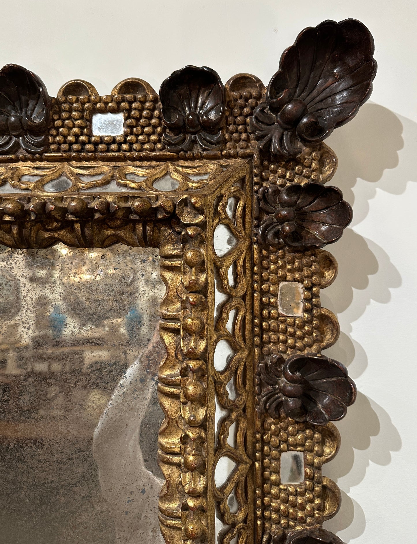 Early 19th Century-Italian- Hand-Carved Gilded and Painted Mirror Frame with Shell Motifs