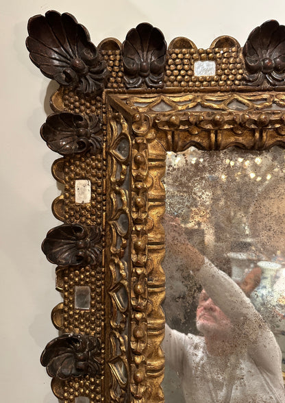 Early 19th Century-Italian- Hand-Carved Gilded and Painted Mirror Frame with Shell Motifs