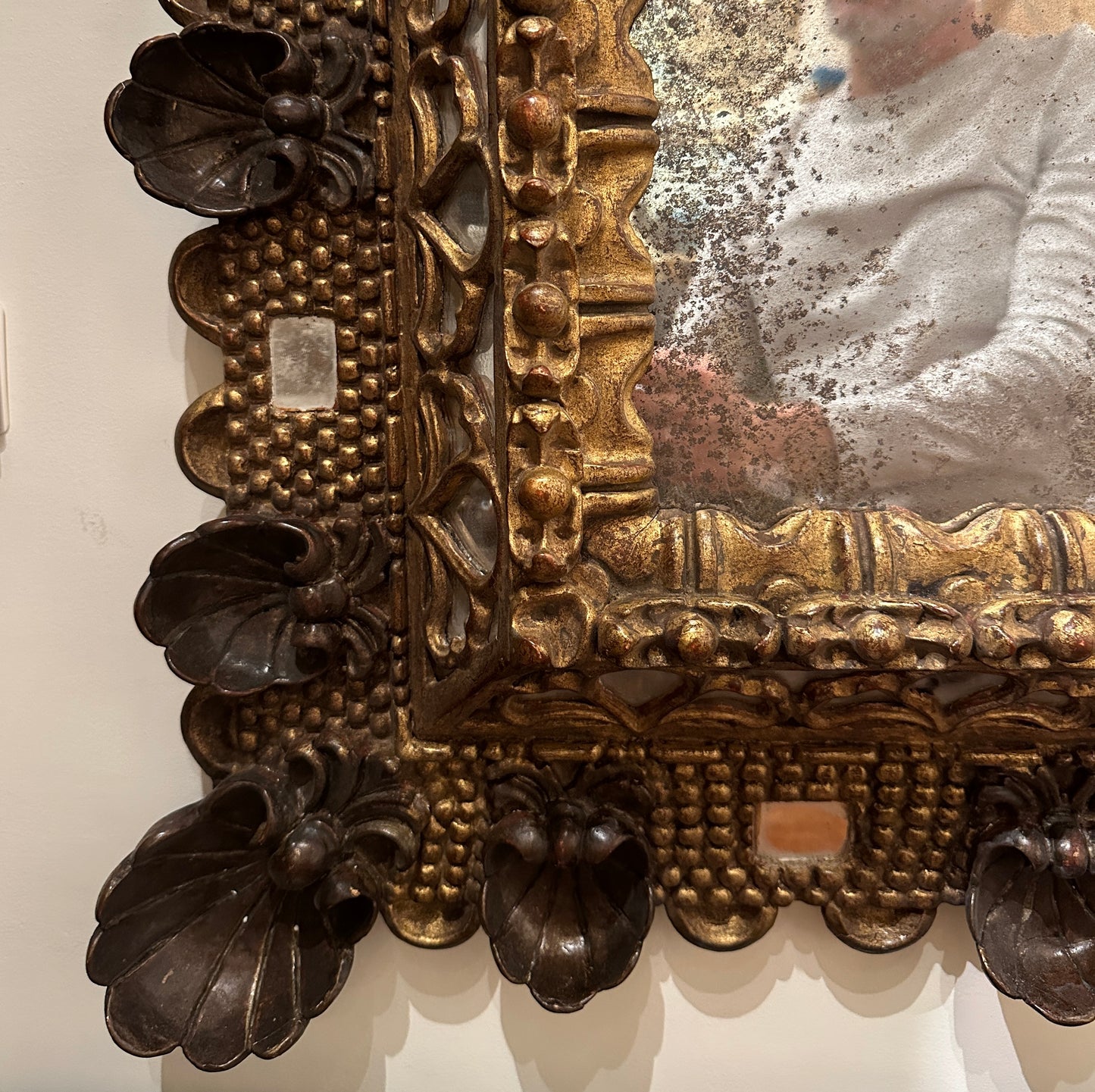 Early 19th Century-Italian- Hand-Carved Gilded and Painted Mirror Frame with Shell Motifs