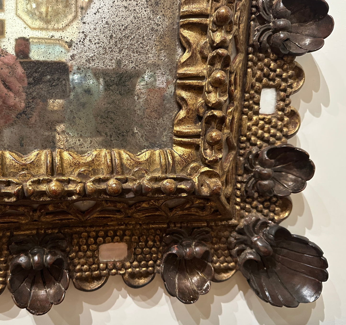 Early 19th Century-Italian- Hand-Carved Gilded and Painted Mirror Frame with Shell Motifs