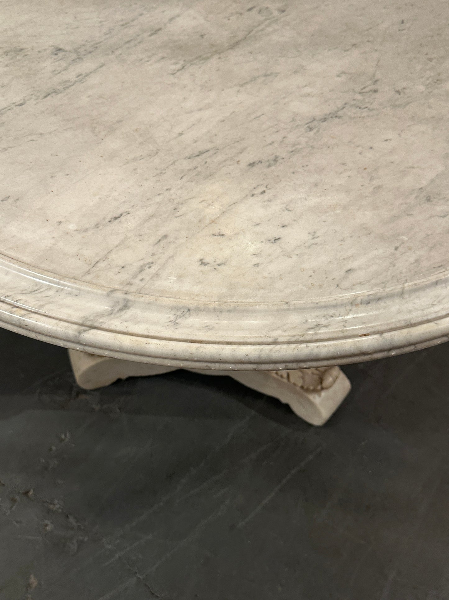 French Carrara Marble Round Pedestal Table — 19th Century