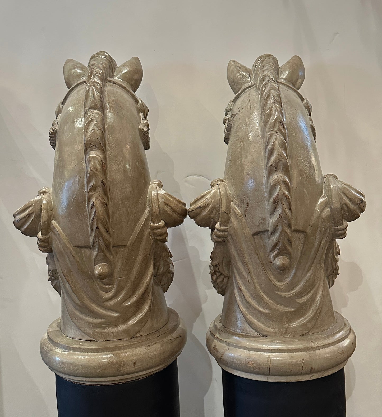 Pair of 19th Century- French Wooden Stable Horse Head Sculptures on Wooden Bases