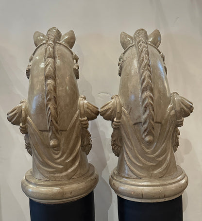 Pair of 19th Century- French Wooden Stable Horse Head Sculptures on Wooden Bases