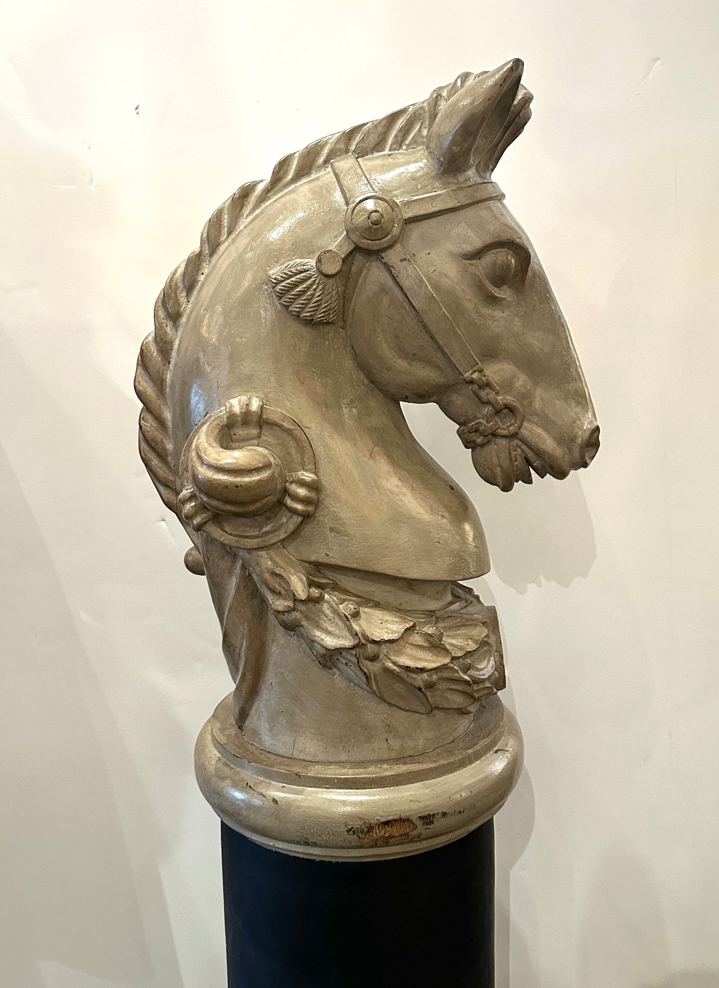Pair of 19th Century- French Wooden Stable Horse Head Sculptures on Wooden Bases