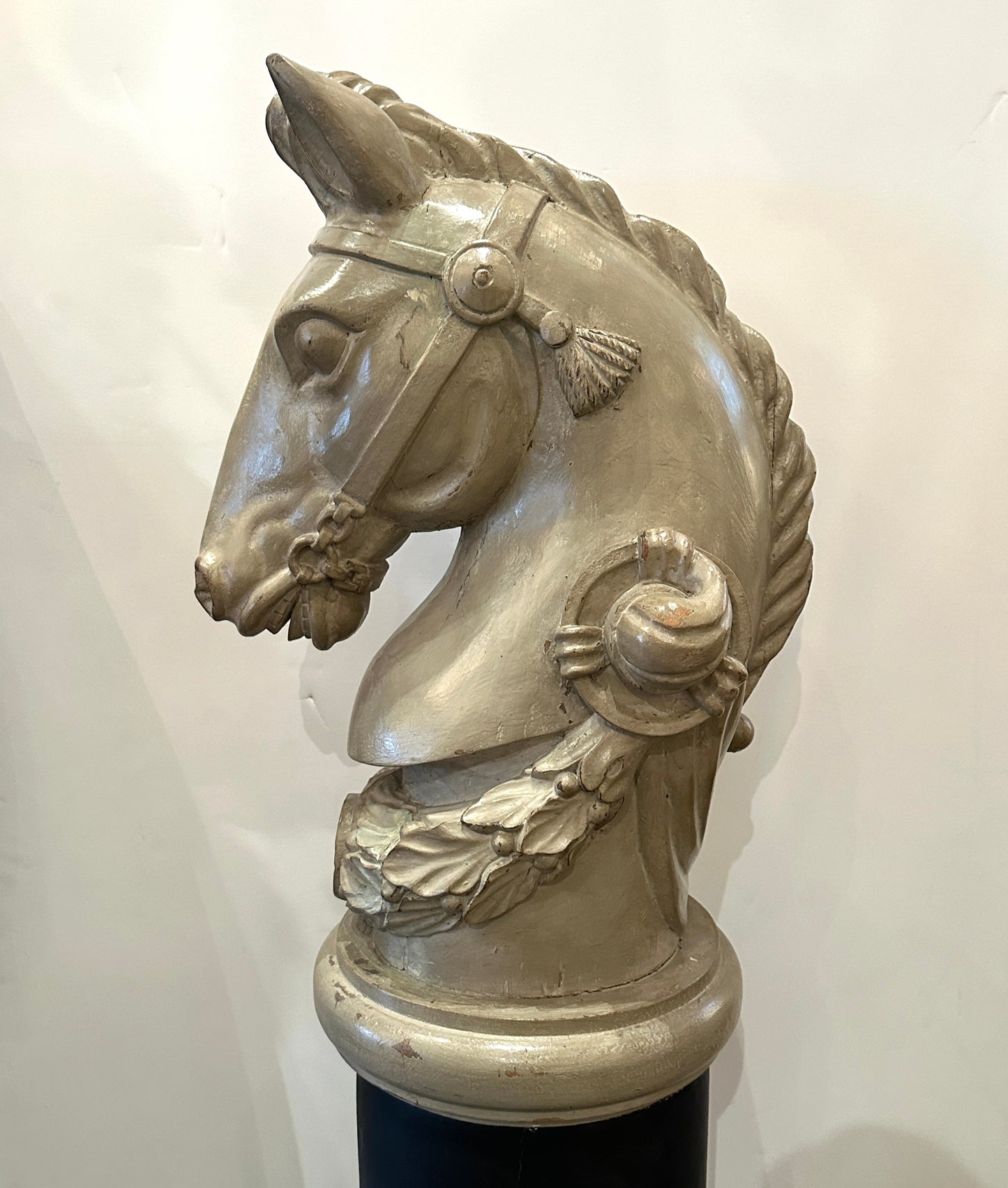 Pair of 19th Century- French Wooden Stable Horse Head Sculptures on Wooden Bases