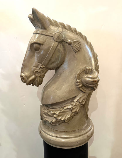 Pair of 19th Century- French Wooden Stable Horse Head Sculptures on Wooden Bases