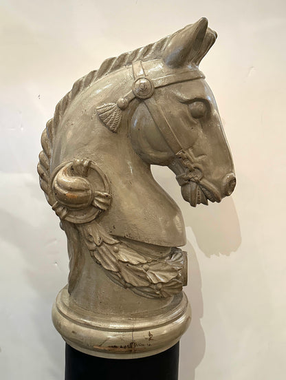 Pair of 19th Century- French Wooden Stable Horse Head Sculptures on Wooden Bases