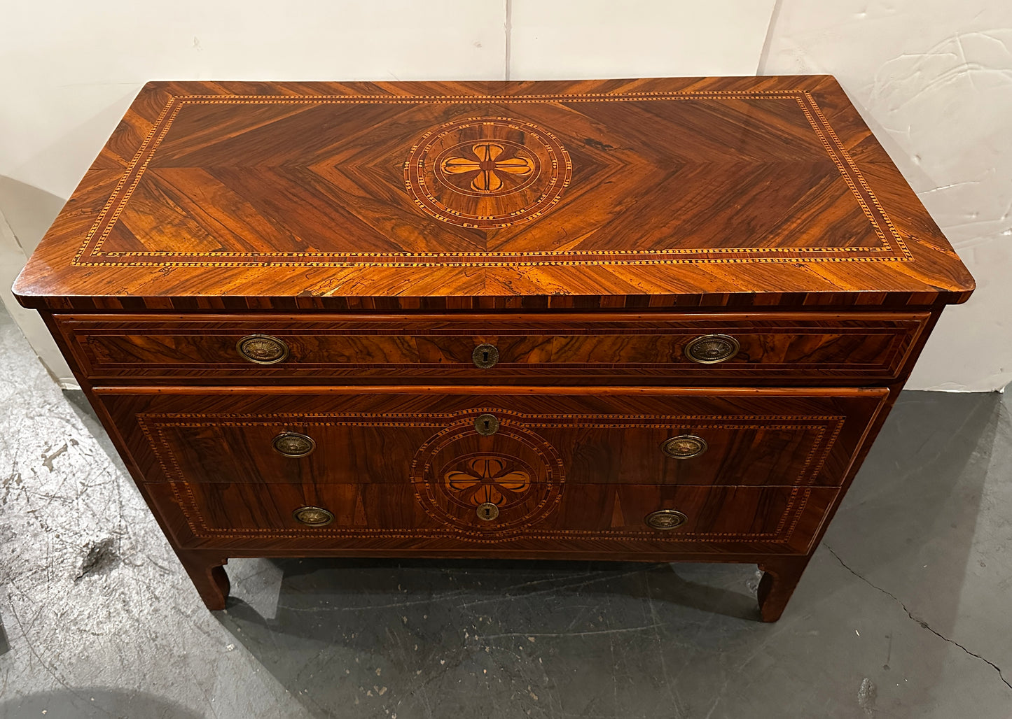 Veneered and Inlaid Walnut Three-Drawer Chest Naples, Italy, Circa 1850