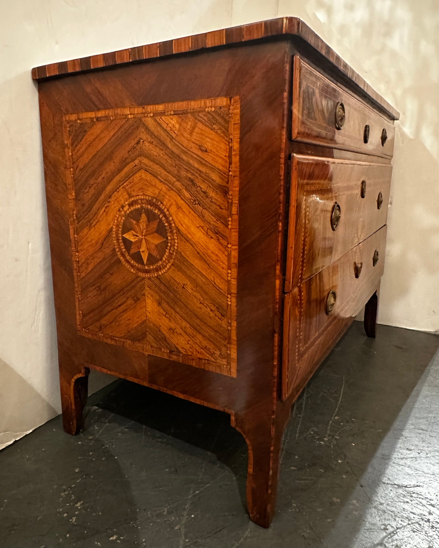 Veneered and Inlaid Walnut Three-Drawer Chest Naples, Italy, Circa 1850