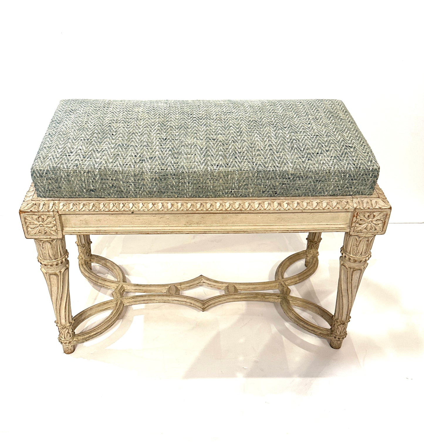 Pair of Antique Gessoed and Waxed Damask Upholstered Benches – Continental Circa 1900