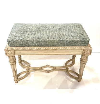 Pair of Antique Gessoed and Waxed Damask Upholstered Benches – Continental Circa 1900