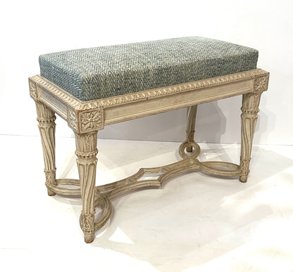 Pair of Antique Gessoed and Waxed Damask Upholstered Benches – Continental Circa 1900