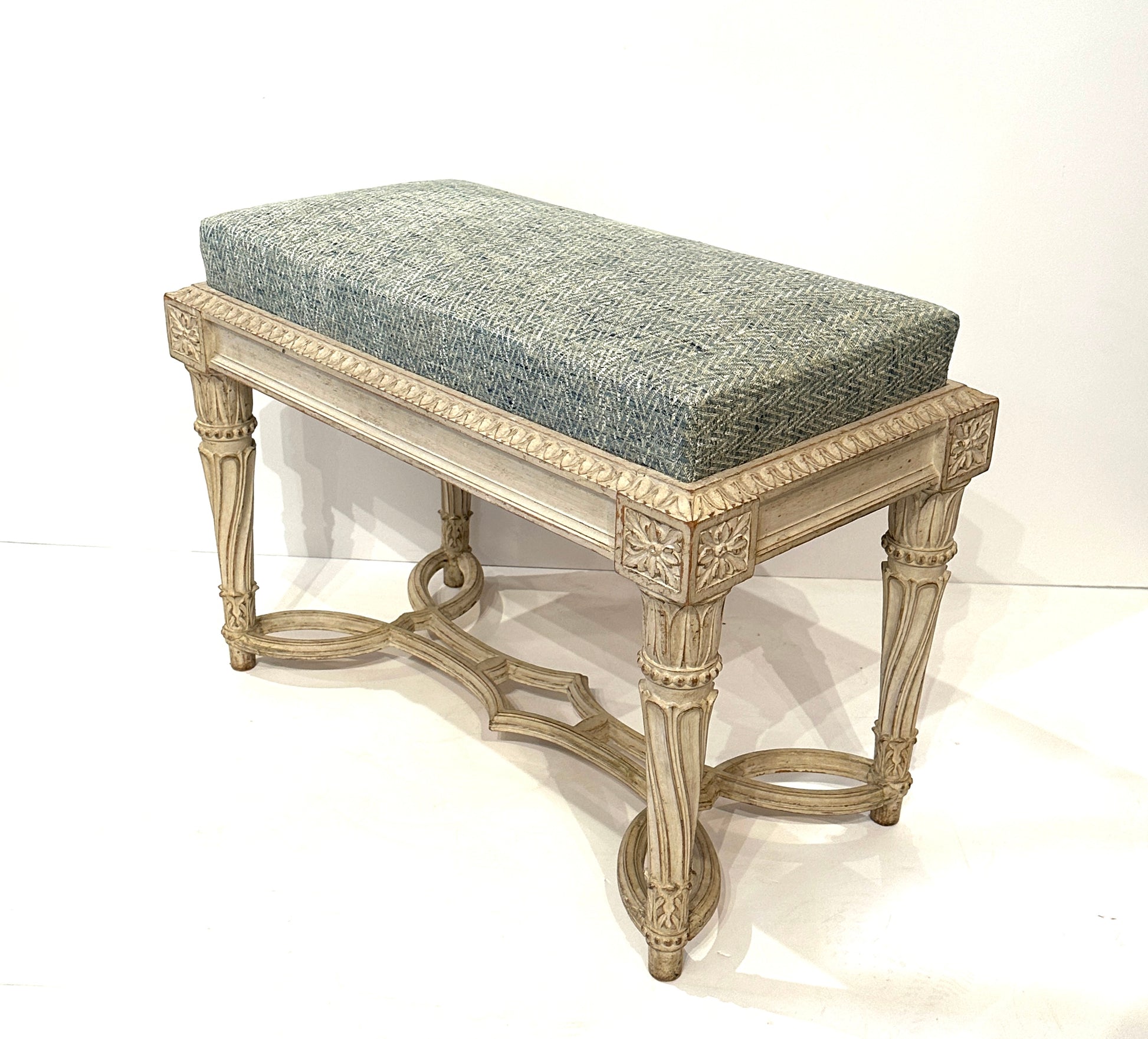 Pair of Antique Gessoed and Waxed Damask Upholstered Benches – Continental Circa 1900