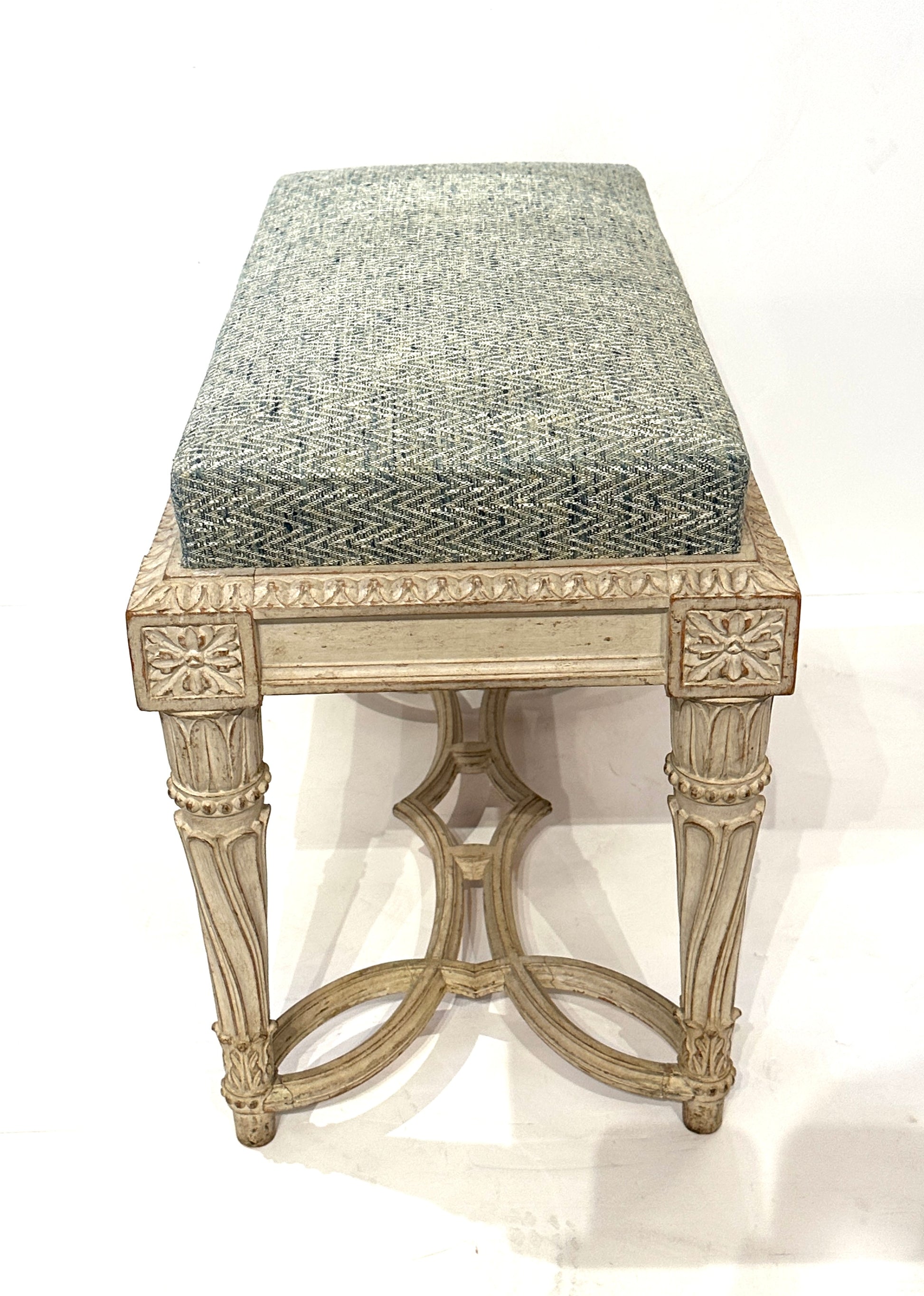 Pair of Antique Gessoed and Waxed Damask Upholstered Benches – Continental Circa 1900