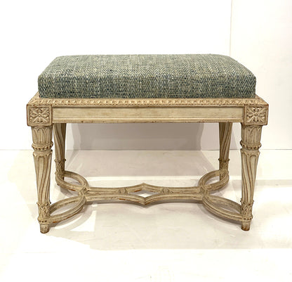 Pair of Antique Gessoed and Waxed Damask Upholstered Benches – Continental Circa 1900